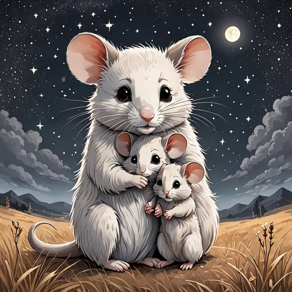 a painting of a mouse and two babies in a field at night with the moon in the sky above, furry art, a storybook illustration, Aaron Jasinski, trending on art station