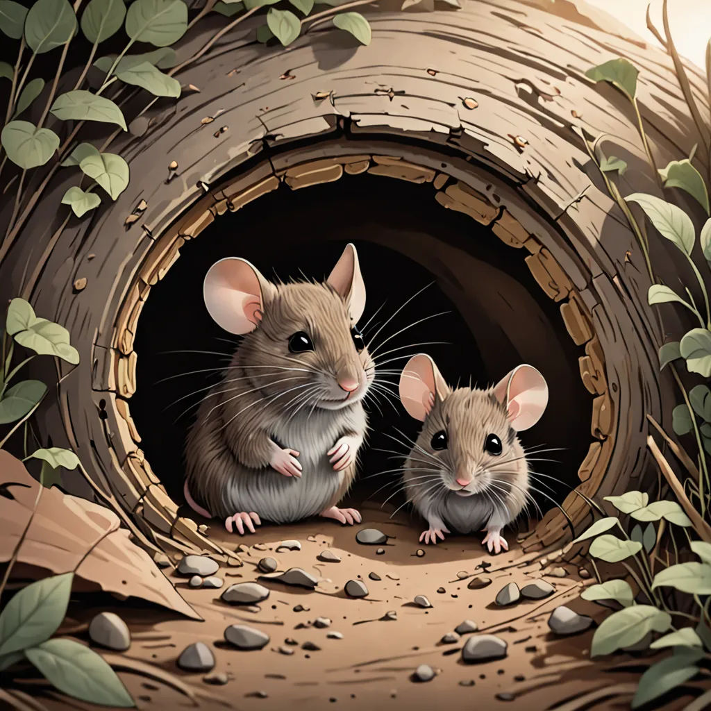 two mice sitting in a tunnel of rocks and leaves, with one looking at the camera and the other looking at the camera, fantasy art, a storybook illustration, Dan Mumford, storybook illustration