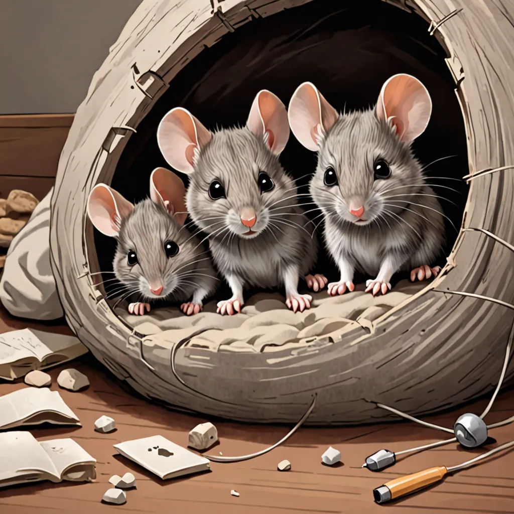 three mice sitting in a tunnel with a wooden floor and a table with a laptop and a mouse on it, fantasy art, a storybook illustration, Art Spiegelman, storybook illustration
