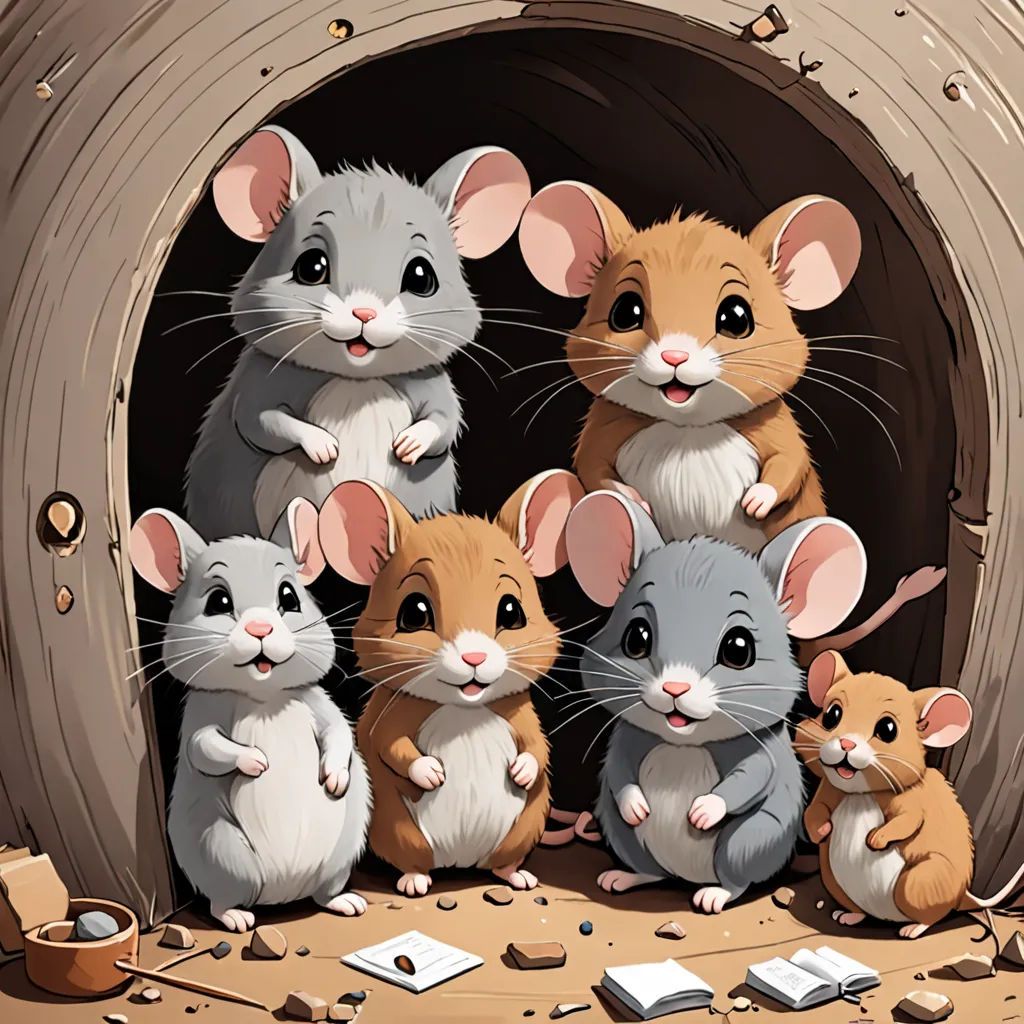 a group of mice sitting in a tunnel with a book on the floor next to them and a mouse on the ground, furry art, a storybook illustration, Cyril Rolando, cute and funny