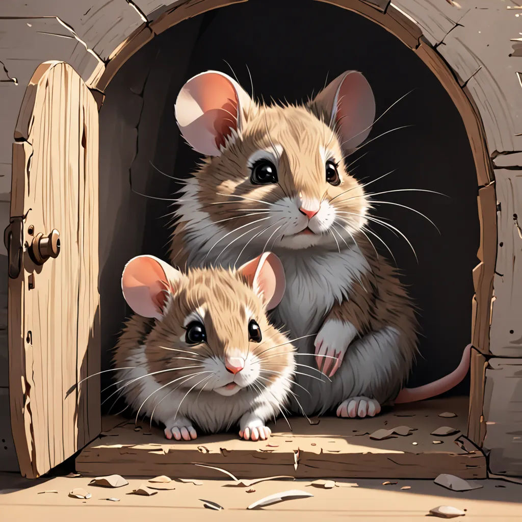 two brown and white mice in a wooden door with a hole in the side of it and a hole in the wall, furry art, a storybook illustration, Chris LaBrooy, trending on art station