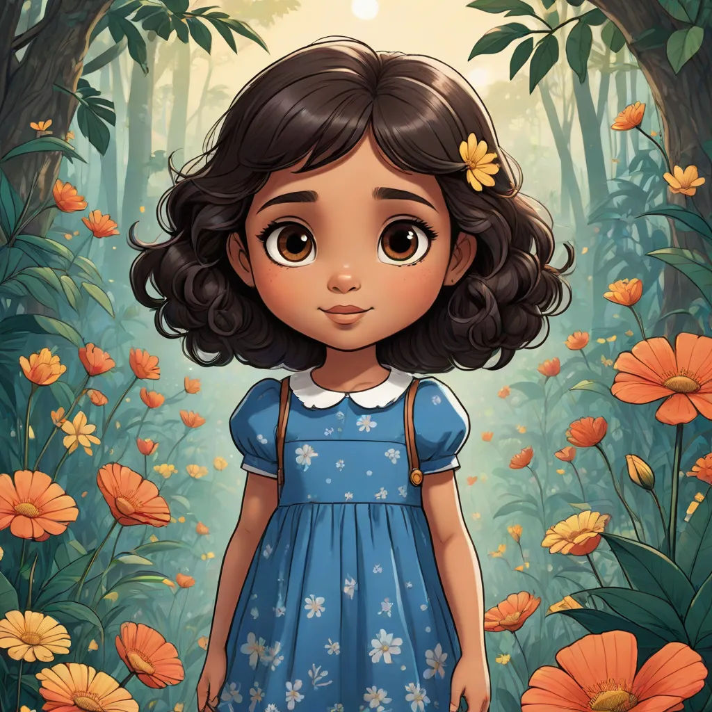 a girl in a blue dress standing in a forest with flowers on the ground and a sun in the background, magical realism, a character portrait, Alice Prin, character portrait