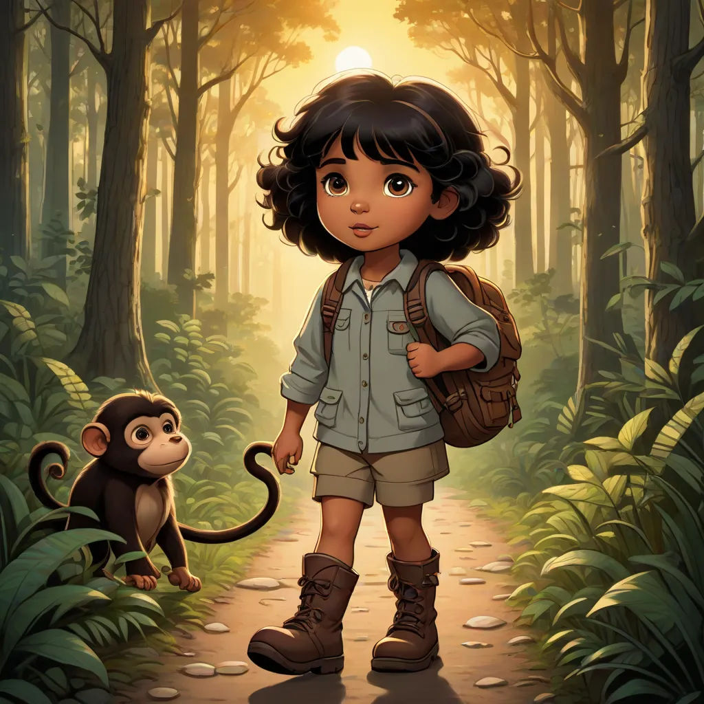 a young girl with a monkey in a forest with sunlight coming through the trees and leaves on the ground, serial art, a character portrait, Cliff Childs, promotional image