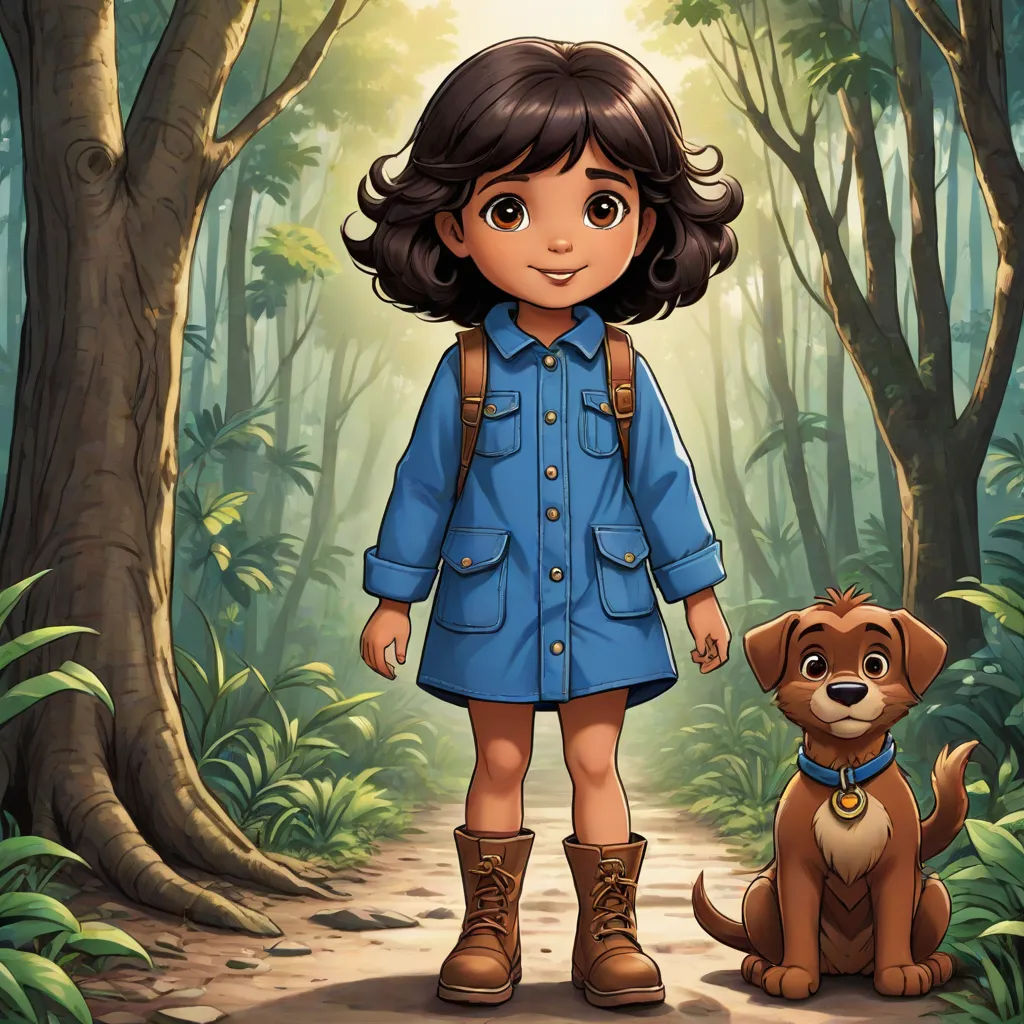 a girl and a dog standing in the woods near a forest path with trees and bushes on either side, furry art, a character portrait, Cliff Childs, promotional image