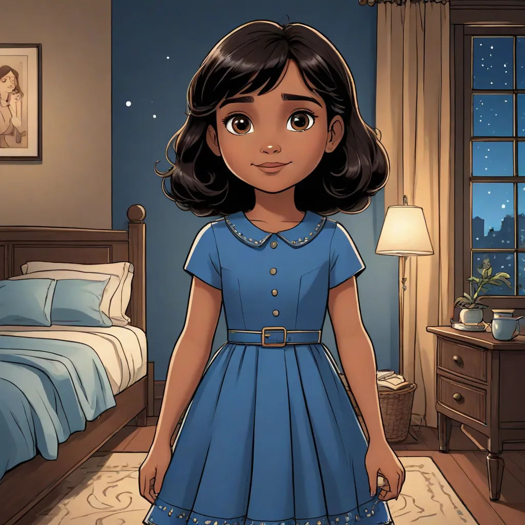 a cartoon girl in a blue dress standing in a bedroom with a bed and a night sky behind her, sots art, a comic book panel, Clarice Beckett, kinkade