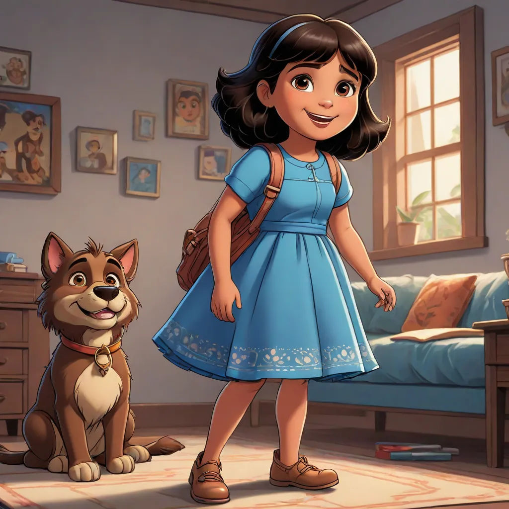 a cartoon girl standing next to a dog in a room with pictures on the wall and a bed in the background, furry art, concept art, Ella Guru, official art