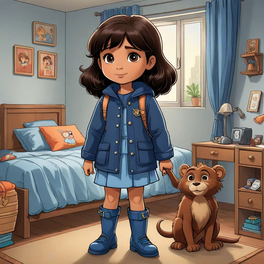 a girl in a blue jacket standing in a bedroom with a brown dog and a bed with blue curtains, furry art, a character portrait, Clarice Beckett, promotional image