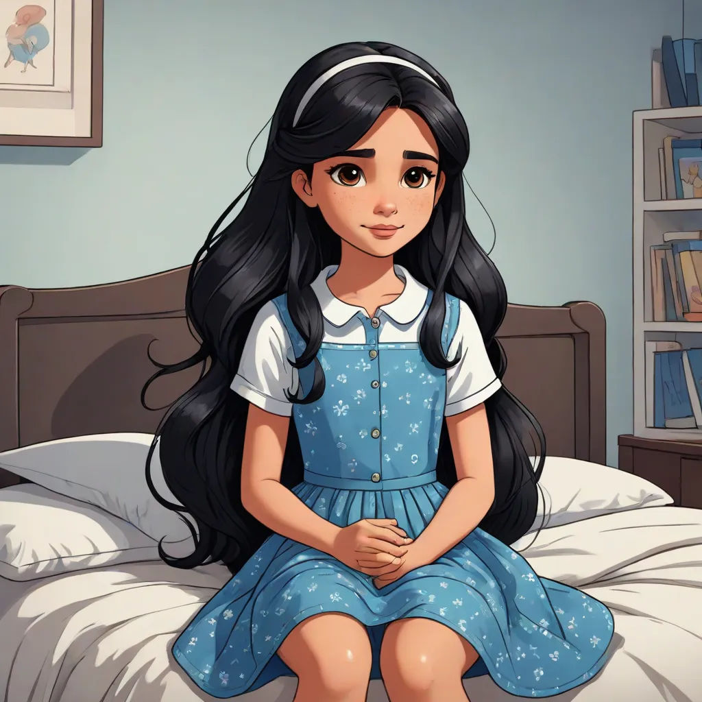 a girl sitting on a bed in a room with a bookcase and a bookcase behind her, looking at the camera, magical realism, a character portrait, Clarice Beckett, maya