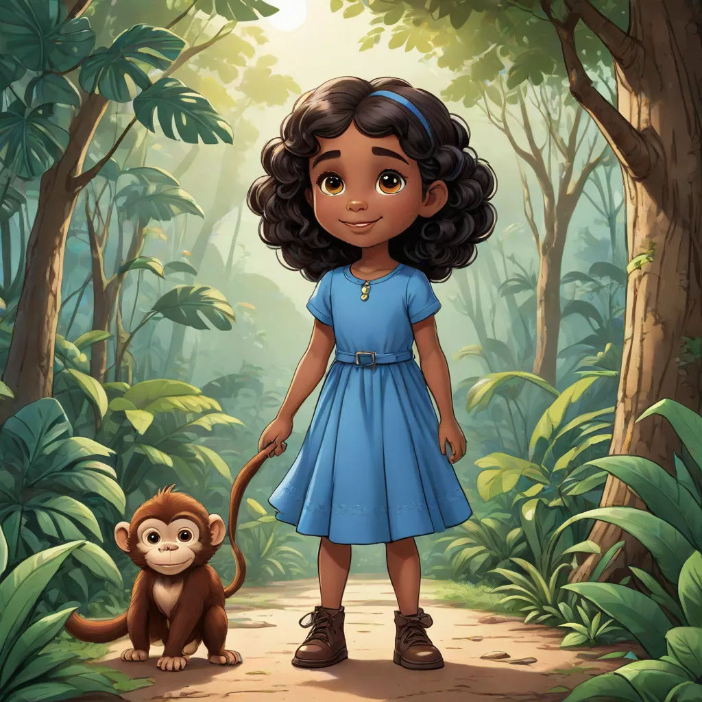 a girl in a blue dress standing next to a monkey in a forest with trees and bushes behind her, afrofuturism, a storybook illustration, Ella Guru, promotional image