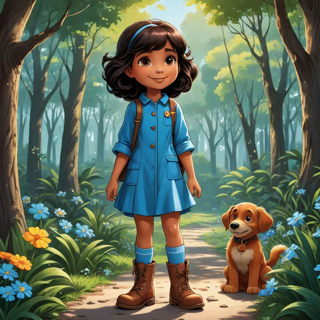a girl and a dog standing in a forest with flowers and trees in the background, and a painting of a girl in a blue dress, serial art, a character portrait, Ada Gladys Killins, promotional image