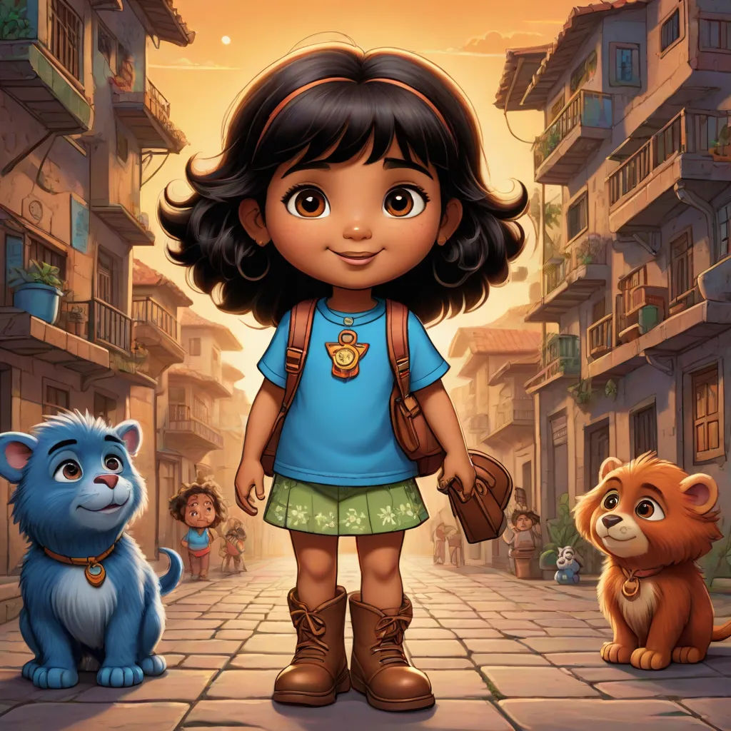 a cartoon girl standing in a street with two cats and a dog behind her, with a cityscape in the background, sots art, a character portrait, Ella Guru, promotional image