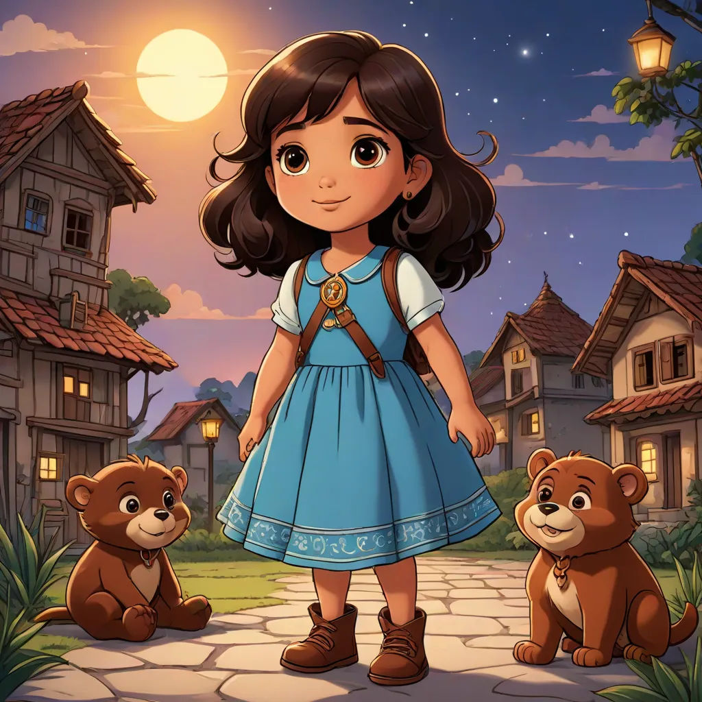 a little girl standing next to two bears in front of a house at night with the moon in the sky, magical realism, a character portrait, Clarice Beckett, official art
