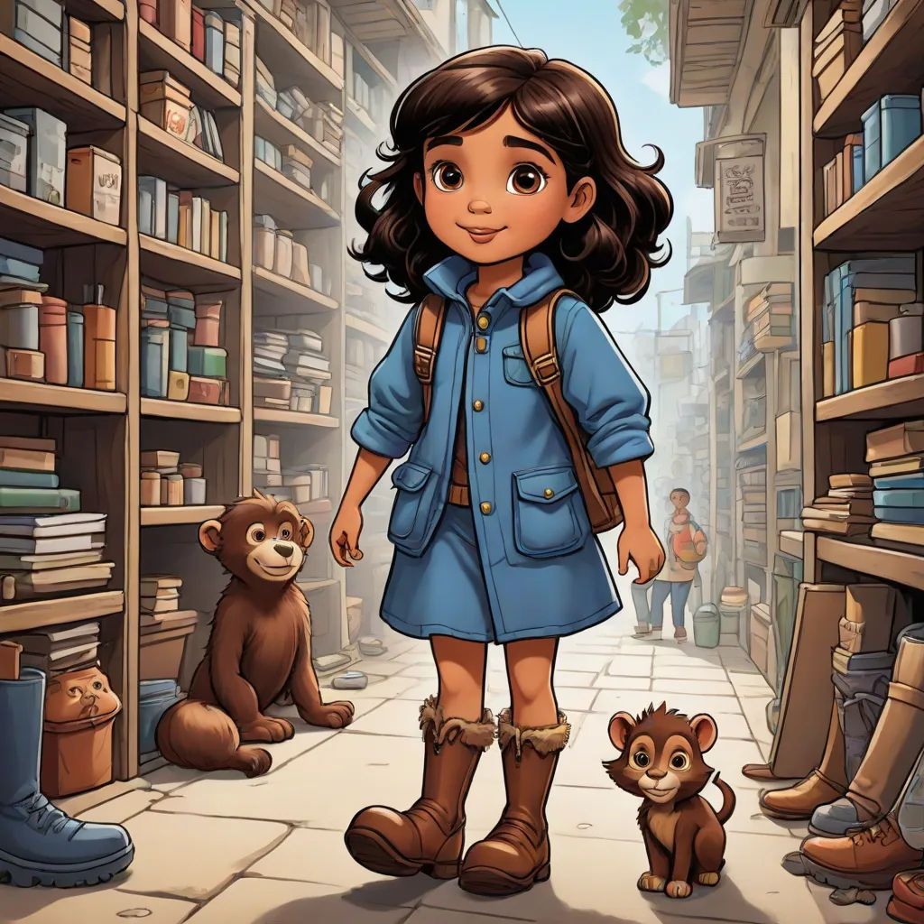 a girl in a blue coat and some brown bears in a library with bookshelves and bookshelves, furry art, a storybook illustration, Cliff Childs, promotional image