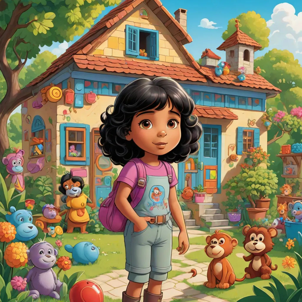 a cartoon girl standing in front of a house with many stuffed animals around her and a dog in front of her, naive art, a storybook illustration, artist, promotional image