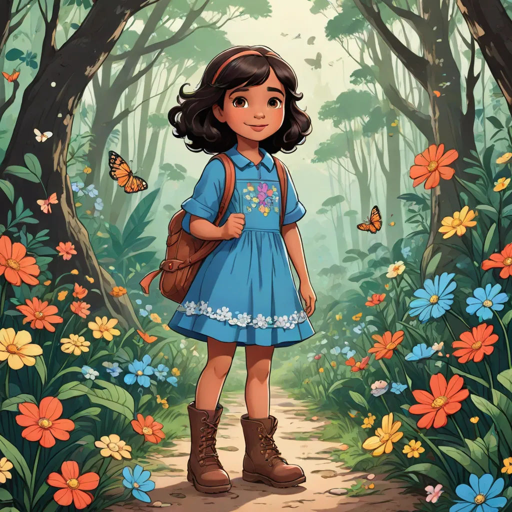 a girl in a blue dress standing in a forest with butterflies on her shoulder and a brown purse on her shoulder, magical realism, a storybook illustration, Cliff Childs, comic cover art