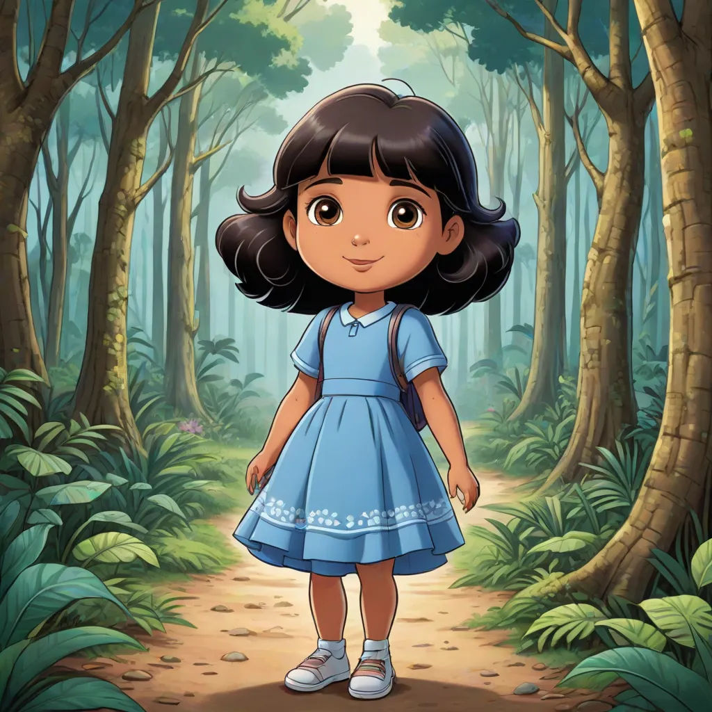 a cartoon girl in a blue dress standing in the woods with a forest background and a path leading to the forest, magical realism, a character portrait, Clarice Beckett, promotional image