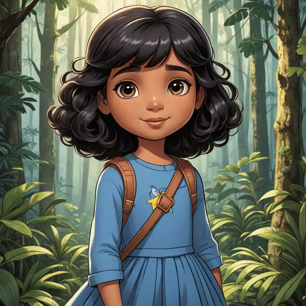 a cartoon girl in a blue dress standing in a forest with a backpack on her shoulder and a star on her chest, magical realism, a character portrait, Ella Guru, official art