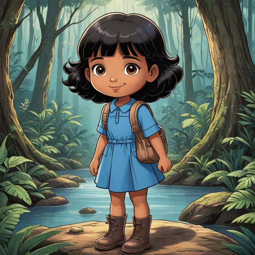 a cartoon girl standing in the middle of a forest with a river in the background and trees around her, serial art, a character portrait, Ella Guru, character portrait
