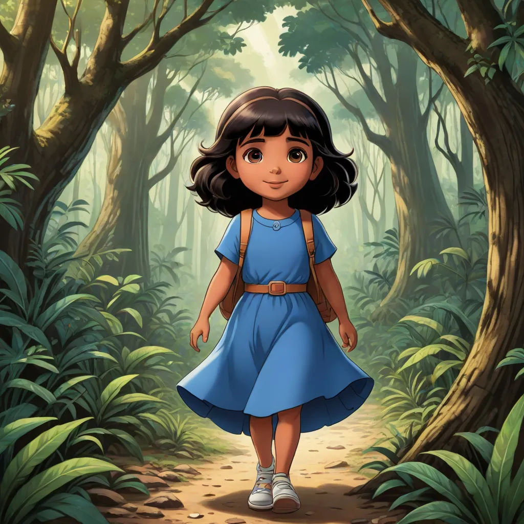 a young girl walking through a forest with a backpack on her back and a backpack on her shoulder, in front of a forest with trees, magical realism, a storybook illustration, Ella Guru, promotional image