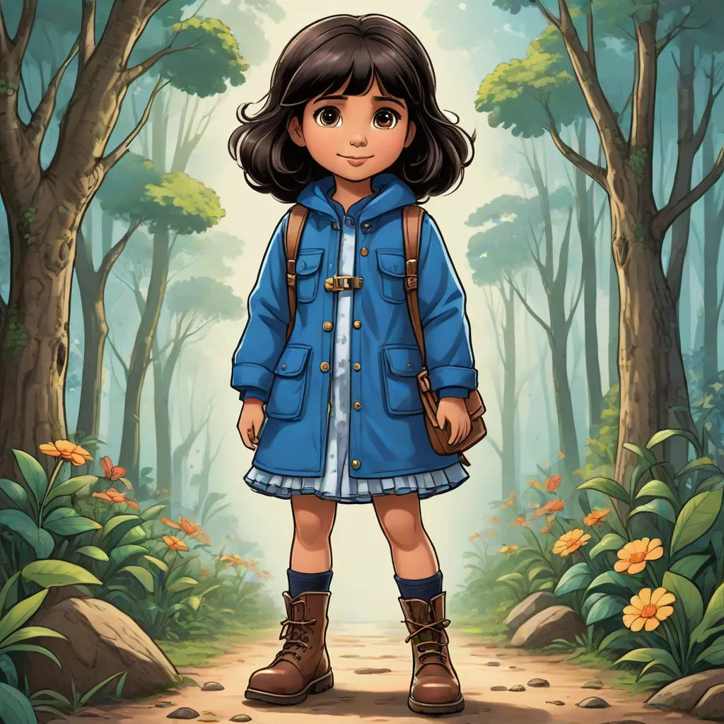 a young girl in a blue coat standing in a forest with a backpack on her shoulder and a backpack on her shoulder, process art, a character portrait, Clarice Beckett, promotional image