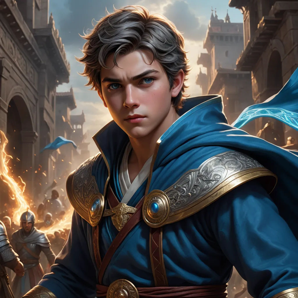 a man in a blue outfit holding a sword and a sword in his hand in front of a city, fantasy art, a character portrait, Clint Cearley, rossdraws global illumination