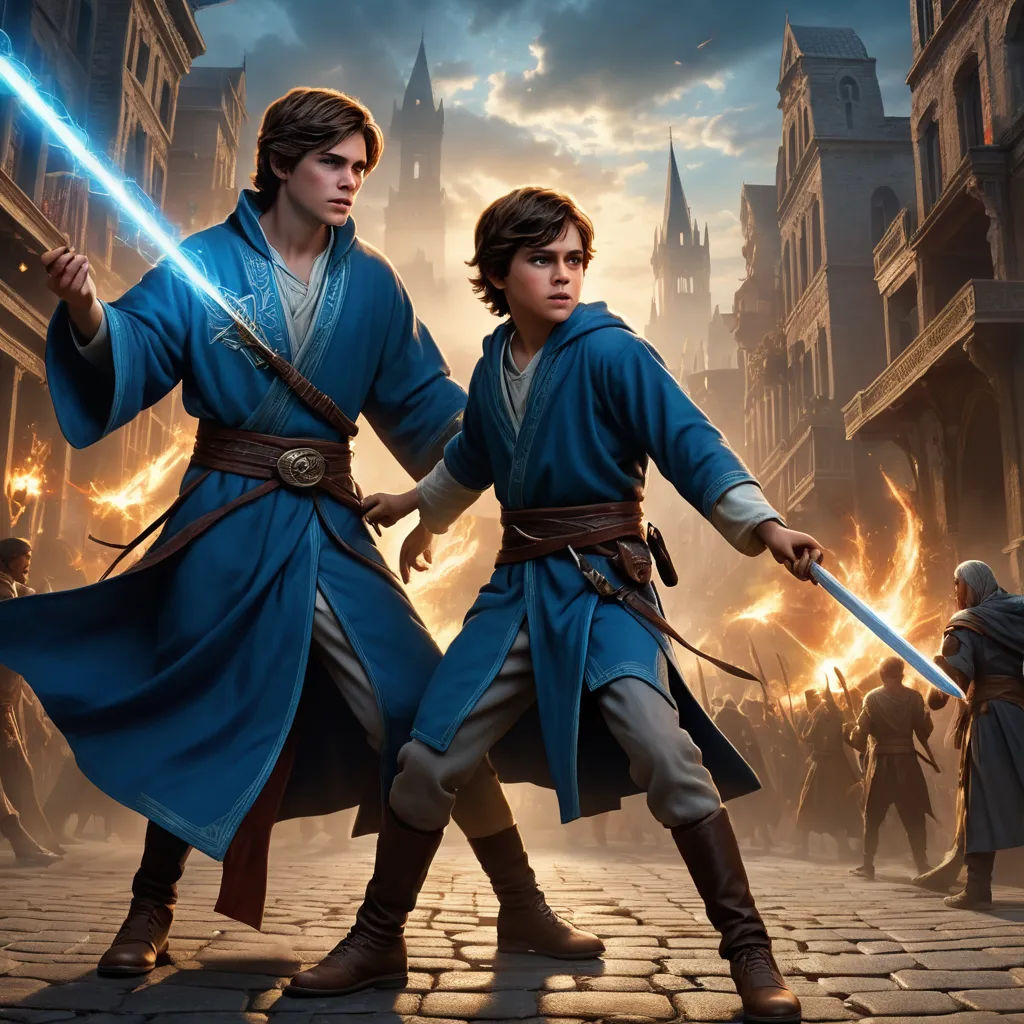 two young boys in blue robes holding swords in a city street with a castle in the background and a dark sky, sots art, concept art, Brothers Hildebrandt, key art