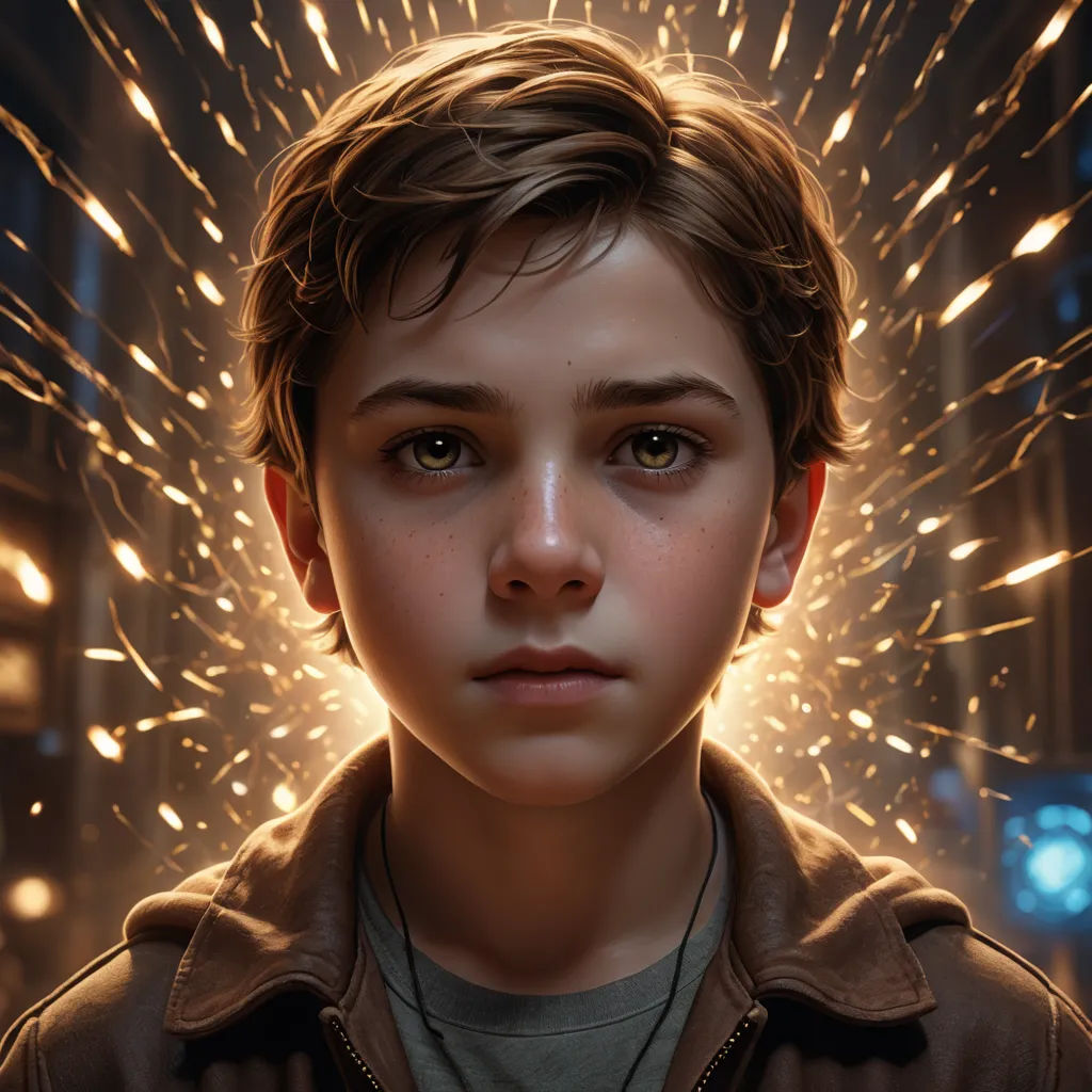 a young boy with a star burst in the background and a glowing light behind him, in a digital painting, sots art, a digital painting, Clint Cearley, stanley artgerm lau