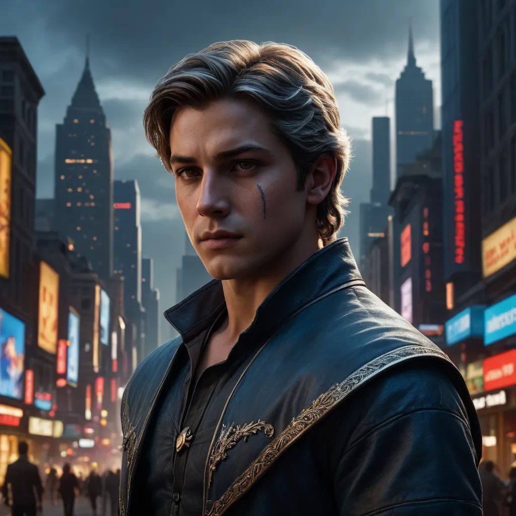 a man in a leather jacket standing in a city at night with a cityscape in the background, photorealism, a detailed matte painting, Cedric Seaut (Keos Masons), j. c. leyendecker 8 k