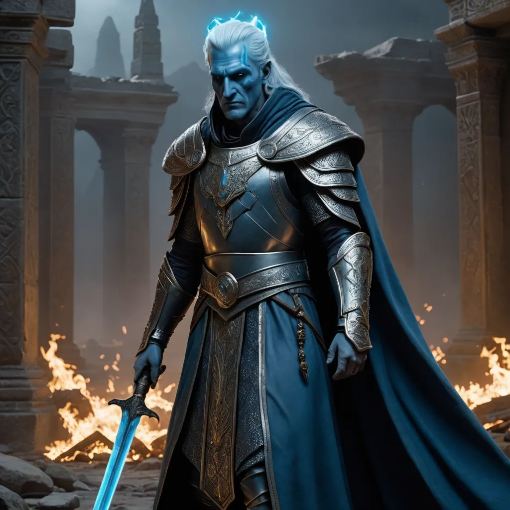 a man in a blue outfit holding a sword in front of a fire pit with a sky background and a sky background, fantasy art, concept art, Cedric Peyravernay, unreal engine 5 quality render
