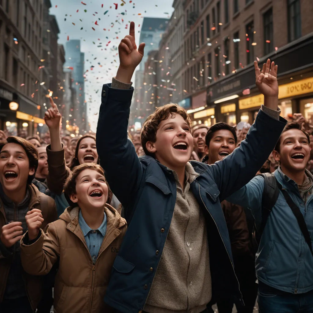 a group of people standing in a street with confetti falling from the sky above them and a crowd of people standing around, les automatistes, a renaissance painting, David Budd, vfx
