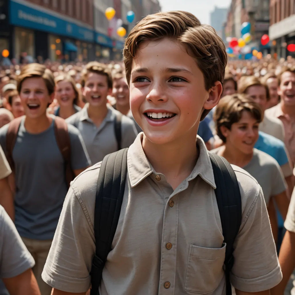 a boy with a backpack standing in front of a crowd of people in a city street with balloons in the air, neoism, a poster, Christen Købke, j. c. leyendecker 8 k