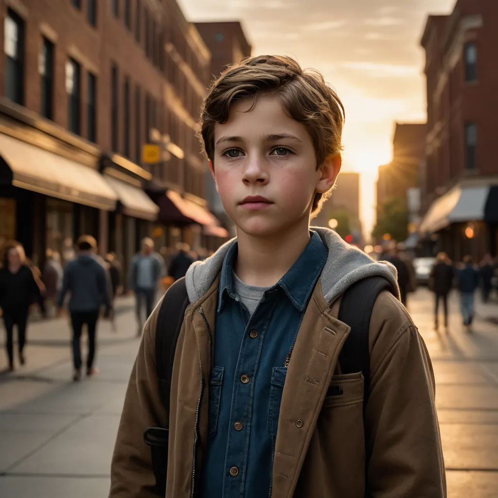 a young boy standing on a sidewalk in a city at sunset or dawn with a backpack on his shoulder, photorealism, a character portrait, Everett Warner, anamorphic lens flare