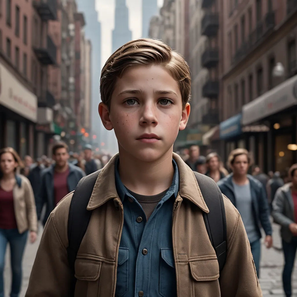a young boy standing in the middle of a crowded street with people walking by him and a woman walking behind him, hyperrealism, a character portrait, Daniel Lieske, vfx
