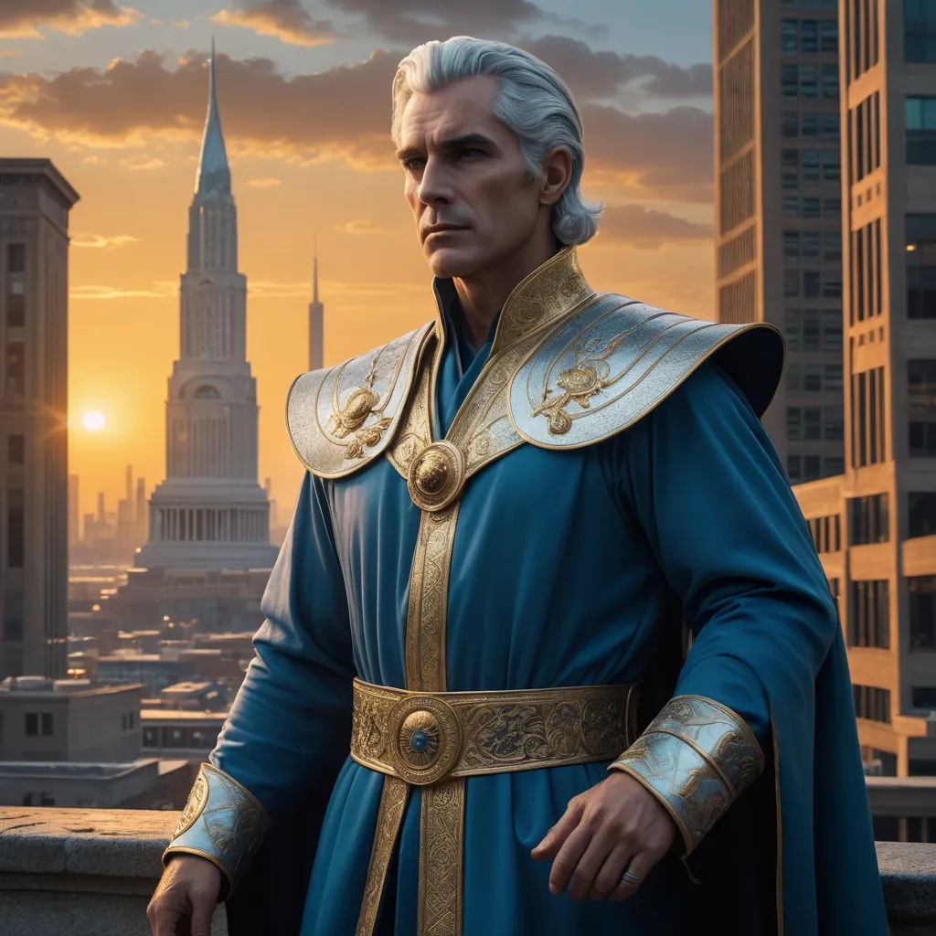 a man in a blue suit standing in front of a city skyline at sunset with a city skyline in the background, fantasy art, a detailed matte painting, Chris LaBrooy, unreal engine highly rendered