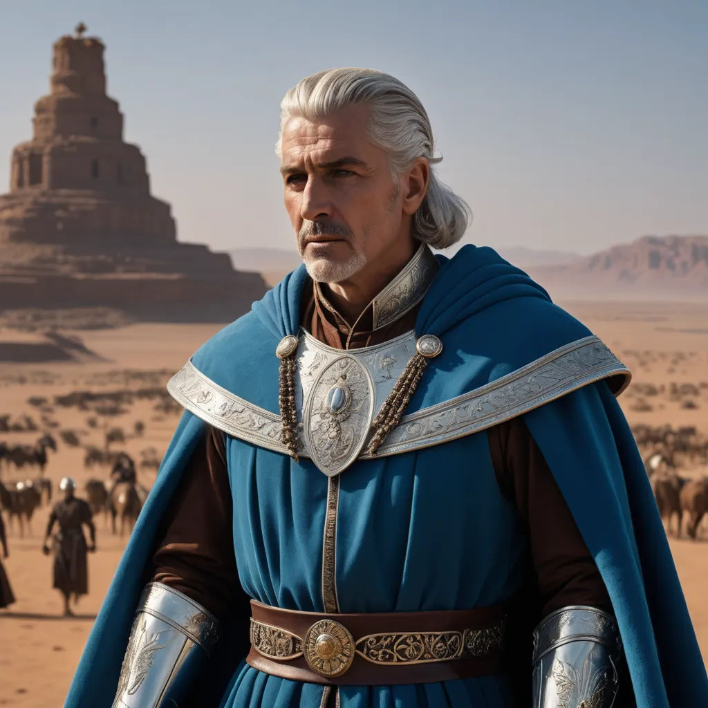 a man in a blue outfit standing in front of a desert landscape with a pyramid in the background and a group of people in the background, dau-al-set, a character portrait, Altoon Sultan, unreal engine highly rendered