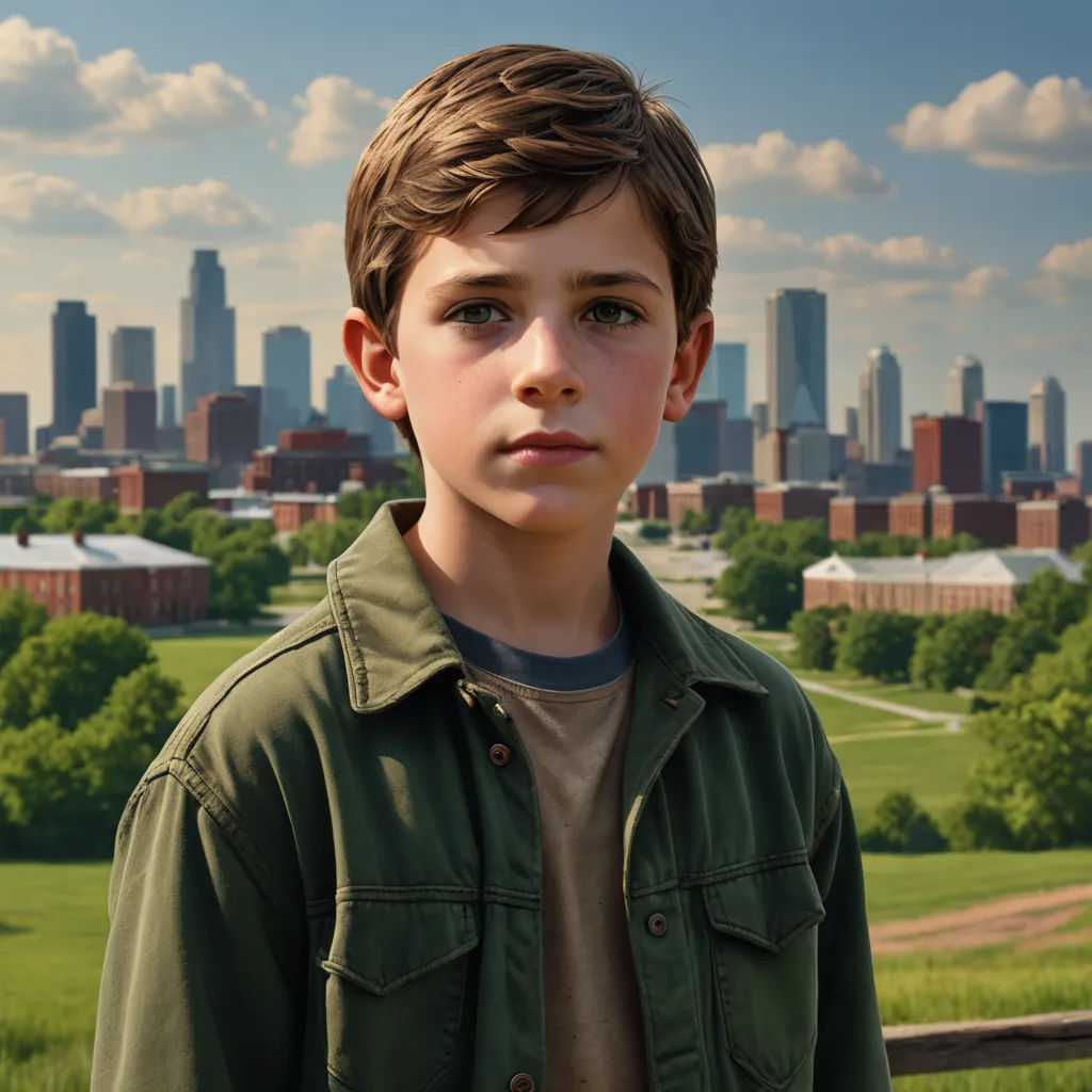 a boy in a green jacket standing in front of a city skyline with a green field and trees in the foreground, american realism, a detailed matte painting, David Park, promotional image