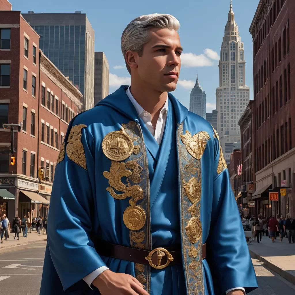 a man in a blue robe and gold trims stands on a city street in front of tall buildings, neoclassicism, a character portrait, Eddie Mendoza, j. c. leyendecker 8 k