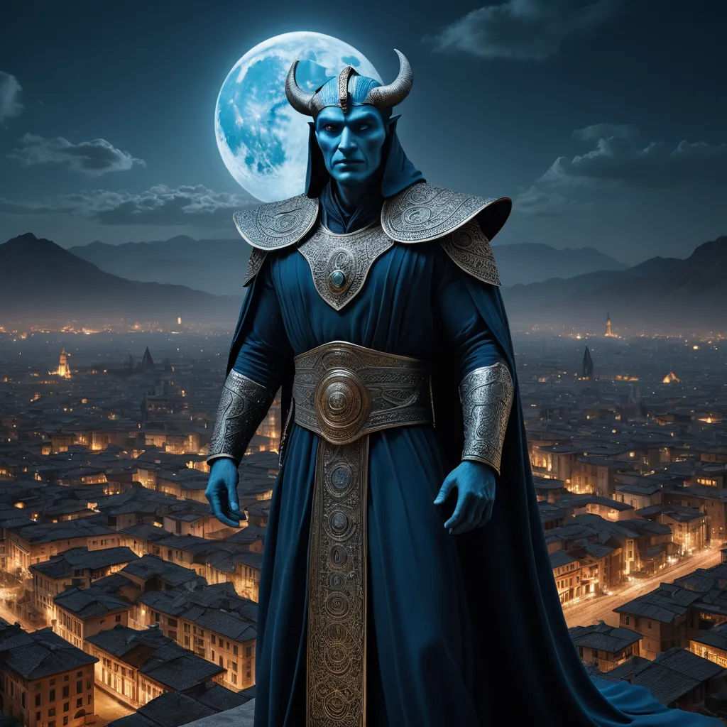 a man in a blue costume standing in front of a city at night with a full moon in the background, fantasy art, a detailed matte painting, Anne Stokes, matte fantasy painting