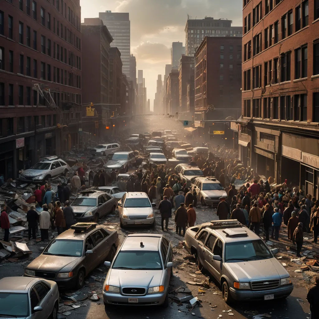 a group of people standing around a bunch of cars in a city street with buildings in the background and a lot of debris, neoplasticism, a detailed matte painting, Derold Page, apocalypse