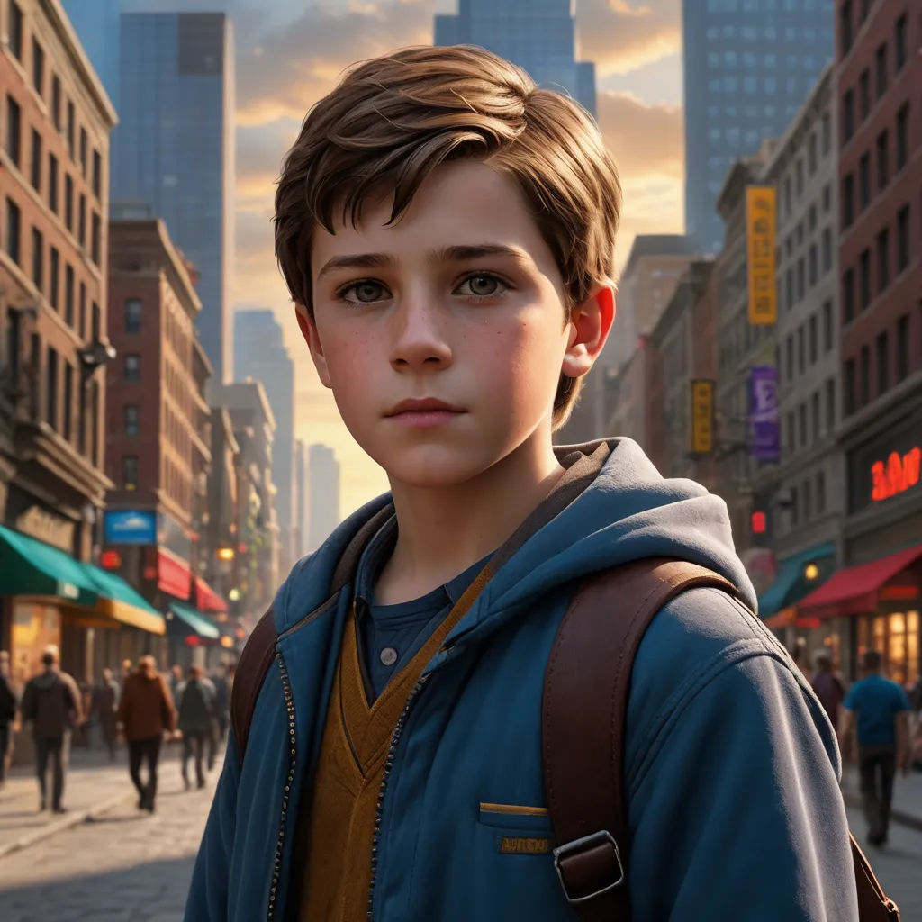 a boy in a blue jacket is standing on a street with a city in the background and a building in the foreground, photorealism, a detailed matte painting, David Park, key art