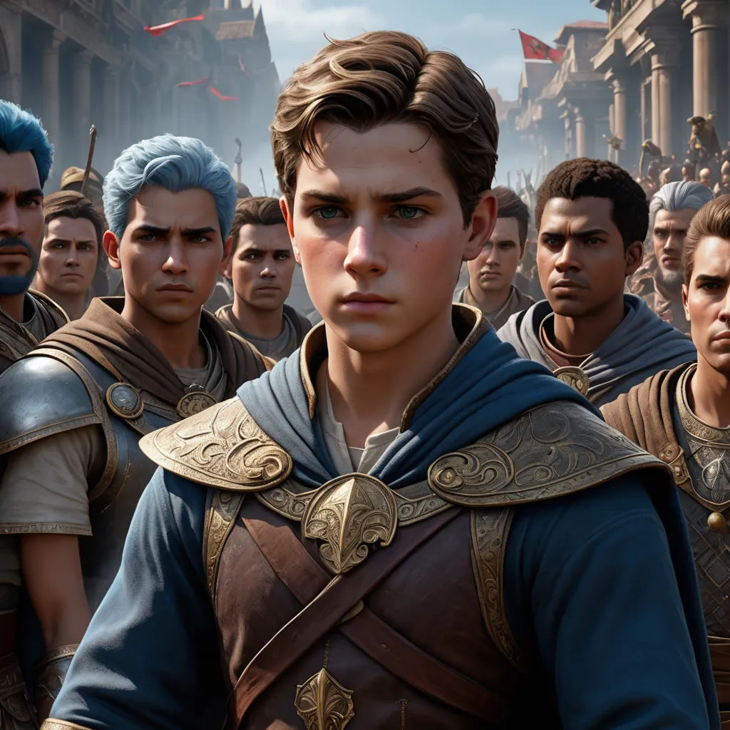 a group of men in roman costumes standing in a line in front of a crowd of people in a city, antipodeans, a renaissance painting, Cedric Seaut (Keos Masons), unreal engine highly rendered