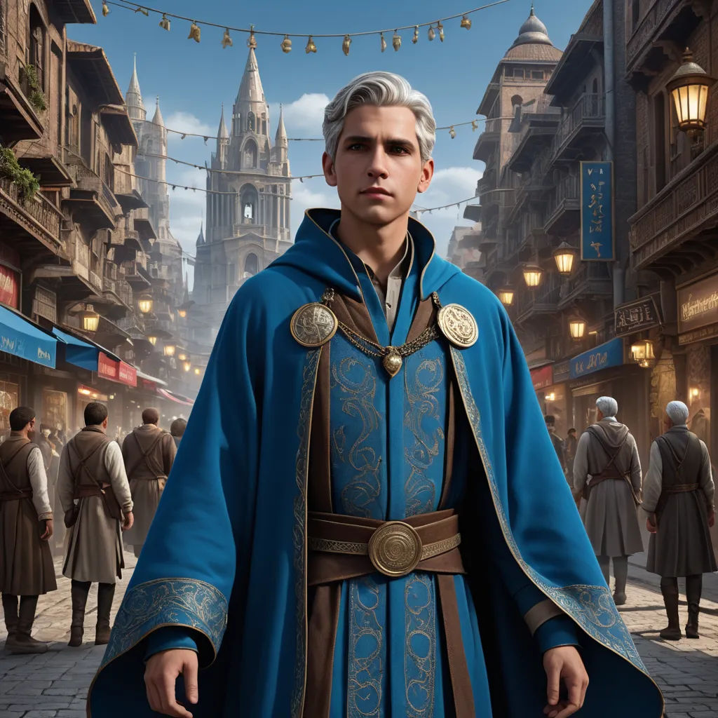 a man in a blue and brown outfit standing in a street with a crowd of people in the background, fantasy art, a character portrait, Cedric Peyravernay, unreal engine highly rendered