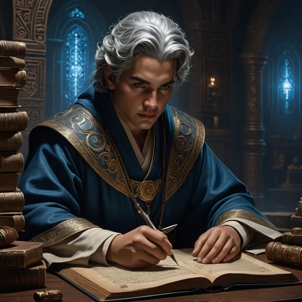 a man in a blue robe is writing on a book with a pen and a bookmark in his hand, fantasy art, a character portrait, Clint Cearley, magic the gathering artwork