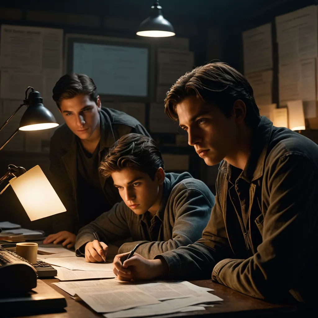 three men are looking at a piece of paper on a desk in a dark room with a lamp on, les automatistes, a poster, Armin Hansen, promotional image