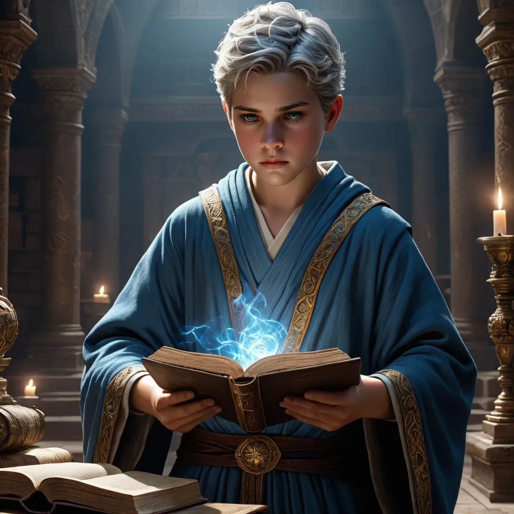 a young man in a blue robe holding a book in his hands and a light shining from his chest, fantasy art, a character portrait, Clint Cearley, rossdraws global illumination