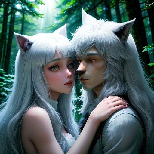 a couple of people that are standing in the woods together with wolf ears on their heads and a wolf's face on their chest