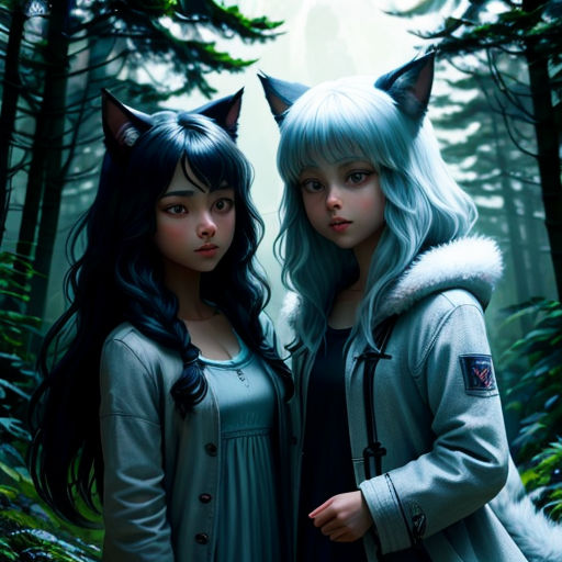 two girls standing in the woods with cats on their heads and a wolf on their shoulders, both wearing blue hair
