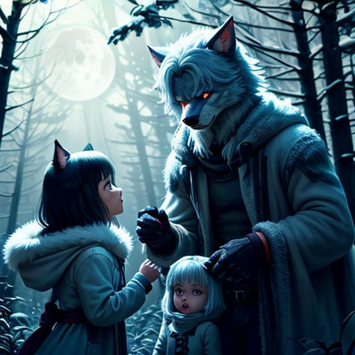 a woman and a child standing in the woods with a wolf on their back and a wolf on their shoulder