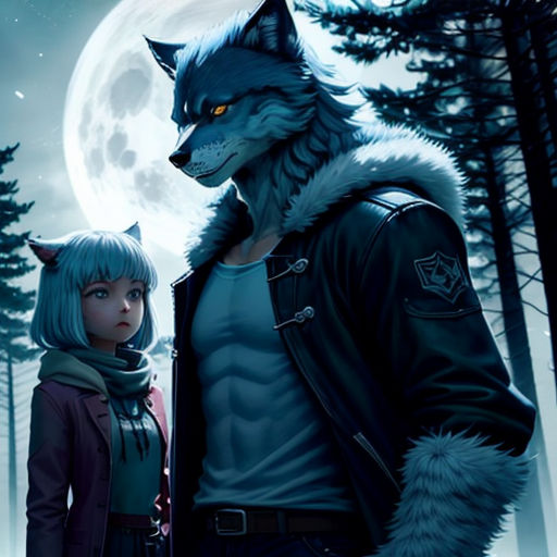 a couple of people standing next to each other in front of a full moon and trees with a wolf