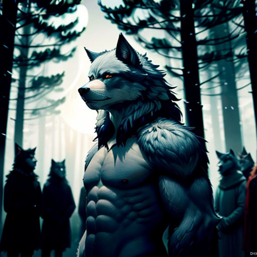 a wolf with a lot of people in the background and a full moon in the sky above it,